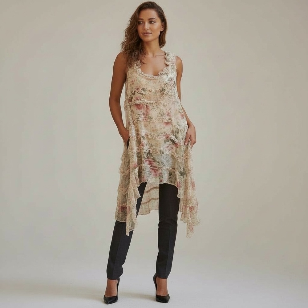 Johnny Was 100% Silk Ruffle Sleeveless Tunic Top Dress Lagenlook Boho Small